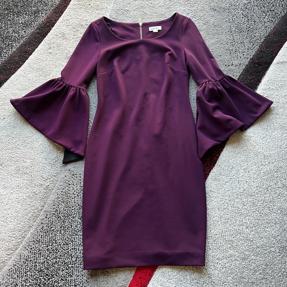 Calvin Klein Aubergine Bell Sleeve Sheath Dress